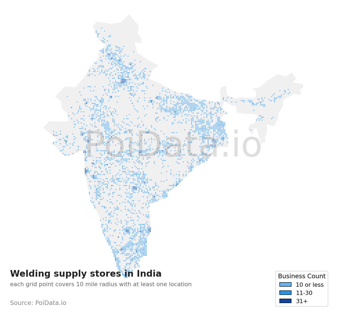 Welding supply store density map for India