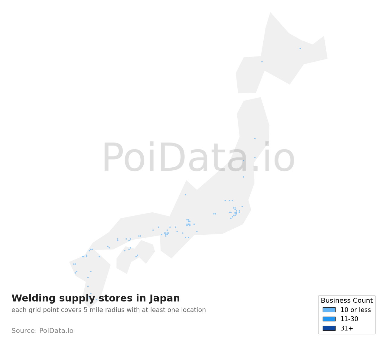 Welding supply store density map for Hiroshima, Japan