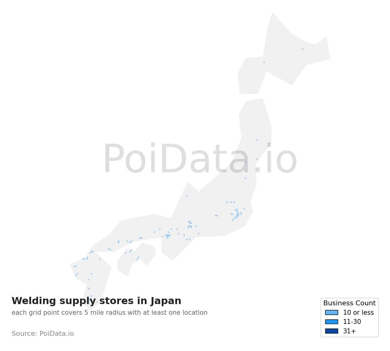 Welding supply store density map for Japan