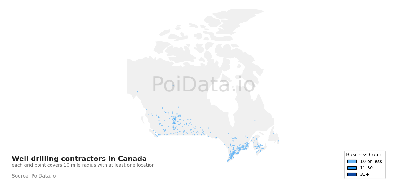 Well drilling contractor density map for Nova Scotia, Canada