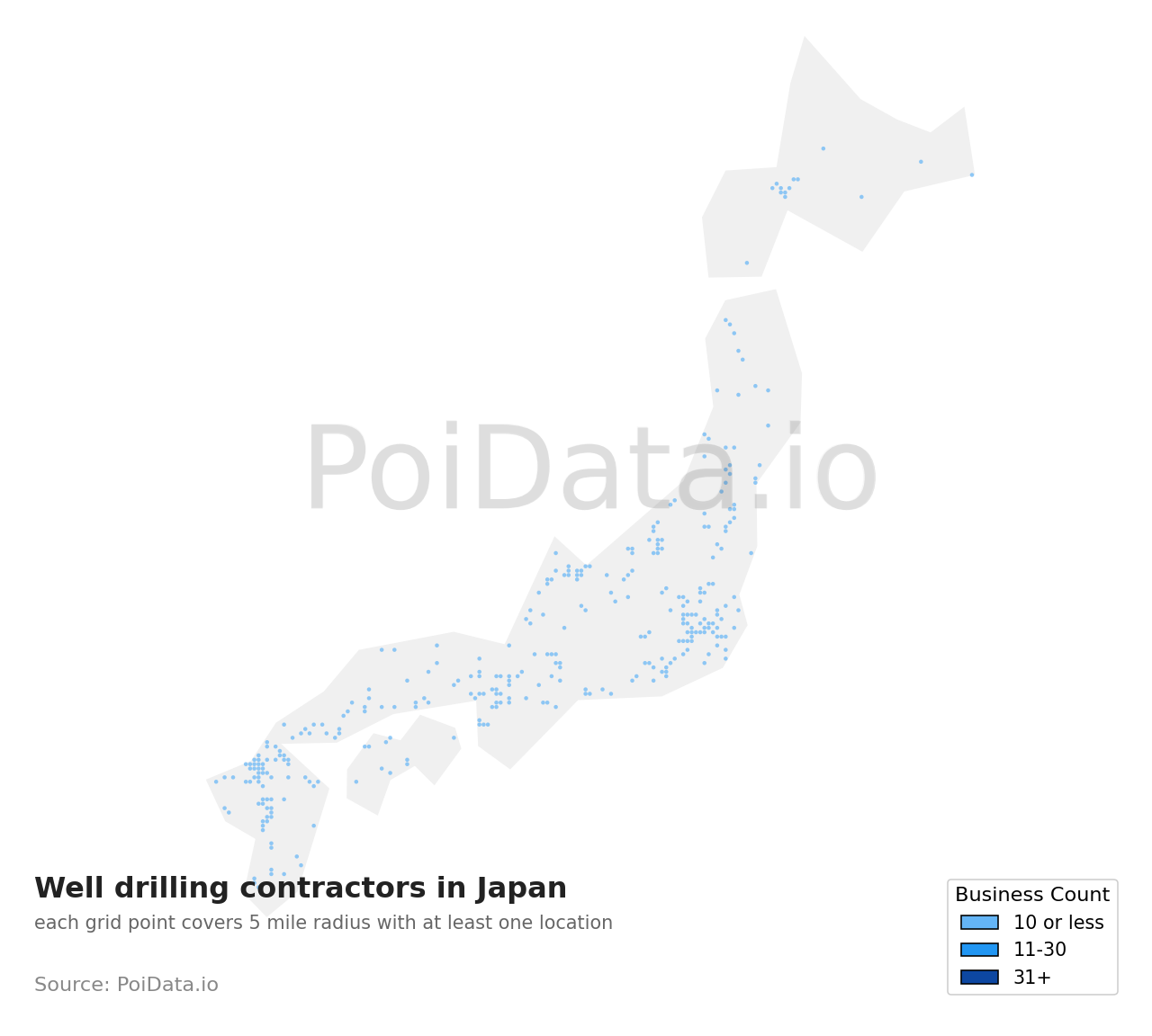 Well drilling contractor density map for Japan