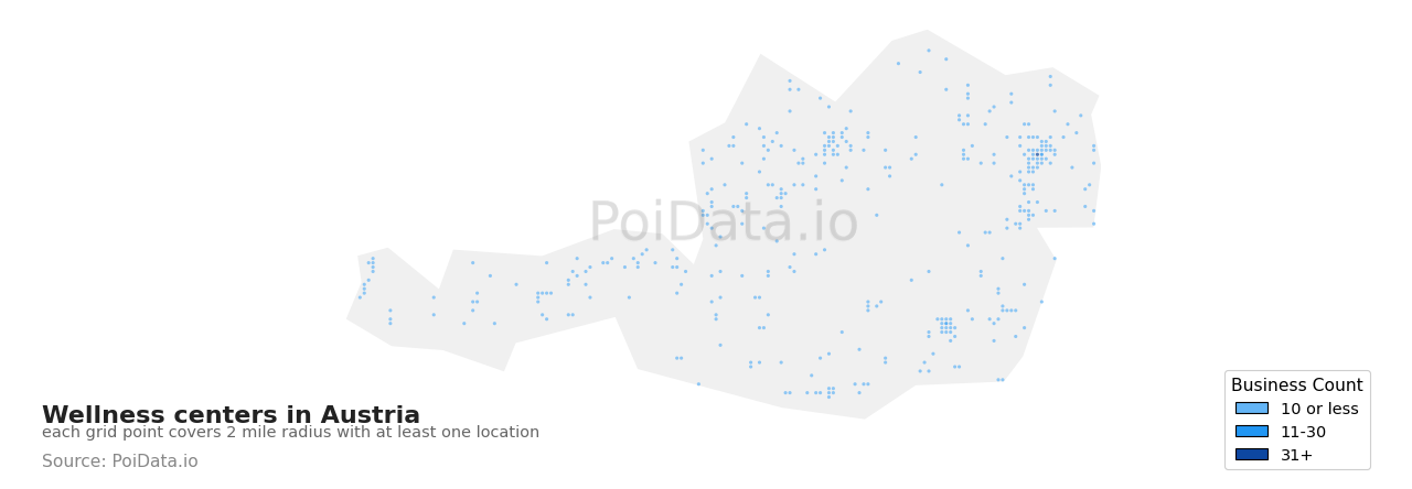 Wellness center density map for Austria