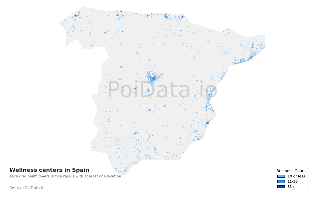 Wellness center density map for Spain