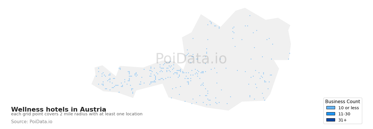 Wellness hotel density map for Austria