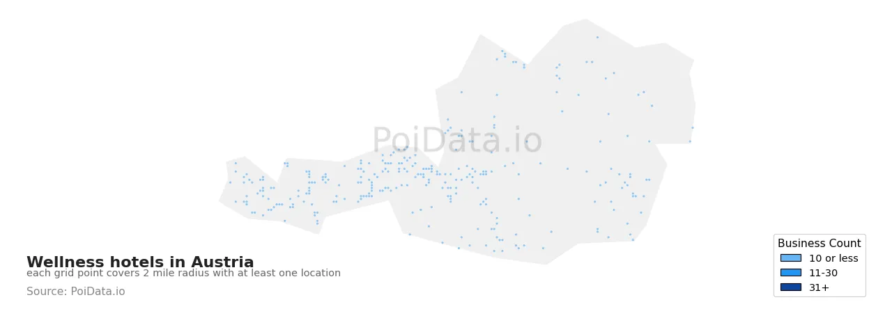 Wellness hotel density map for Austria