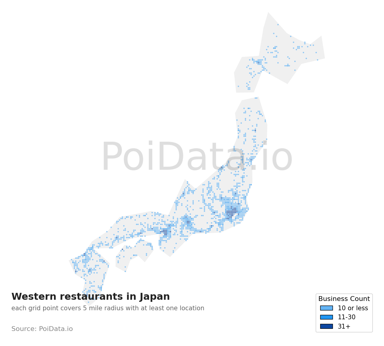 Western restaurant density map for Japan