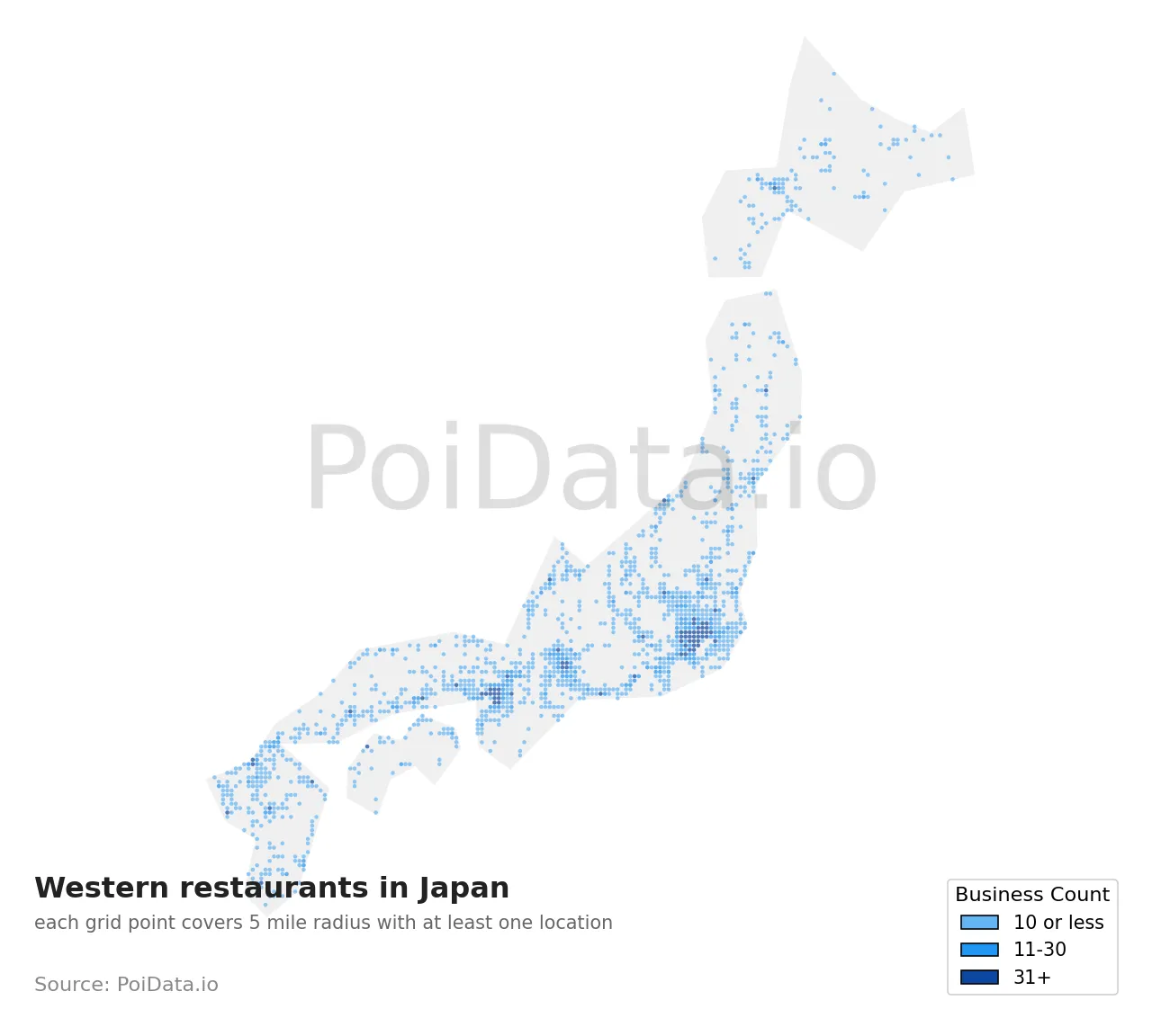 Western restaurant density map for Japan