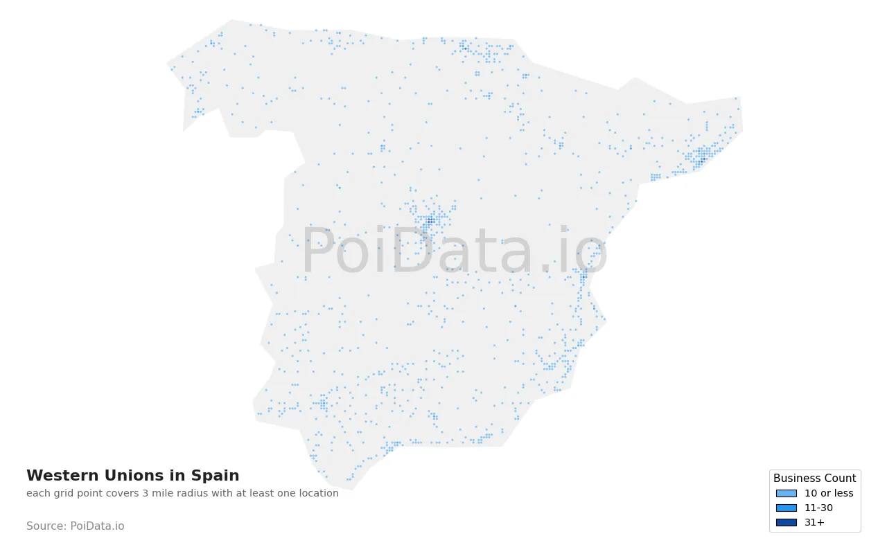 Western Union density map for Spain