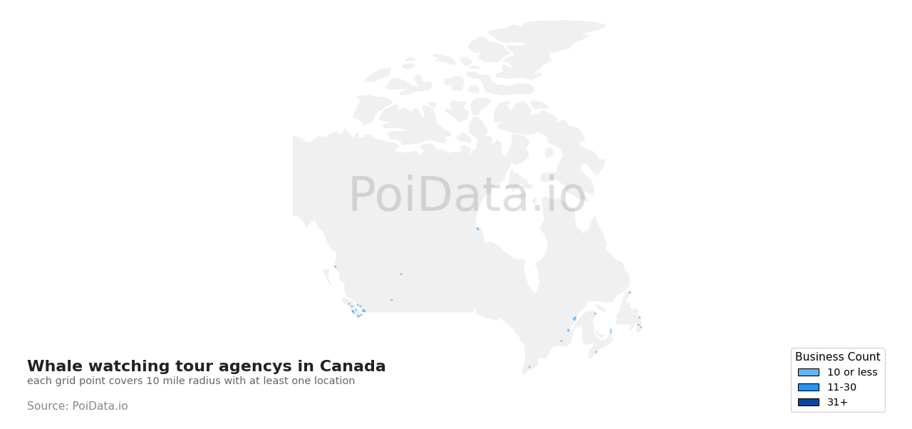 Whale watching tour agency density map for Canada