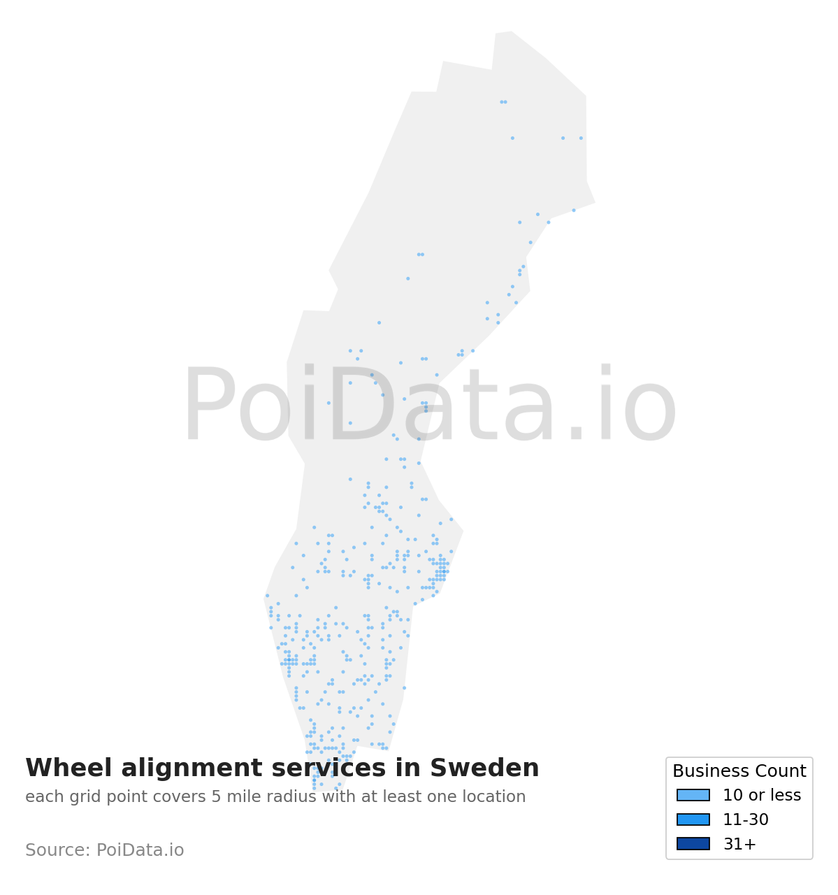 Wheel alignment service density map for Sweden