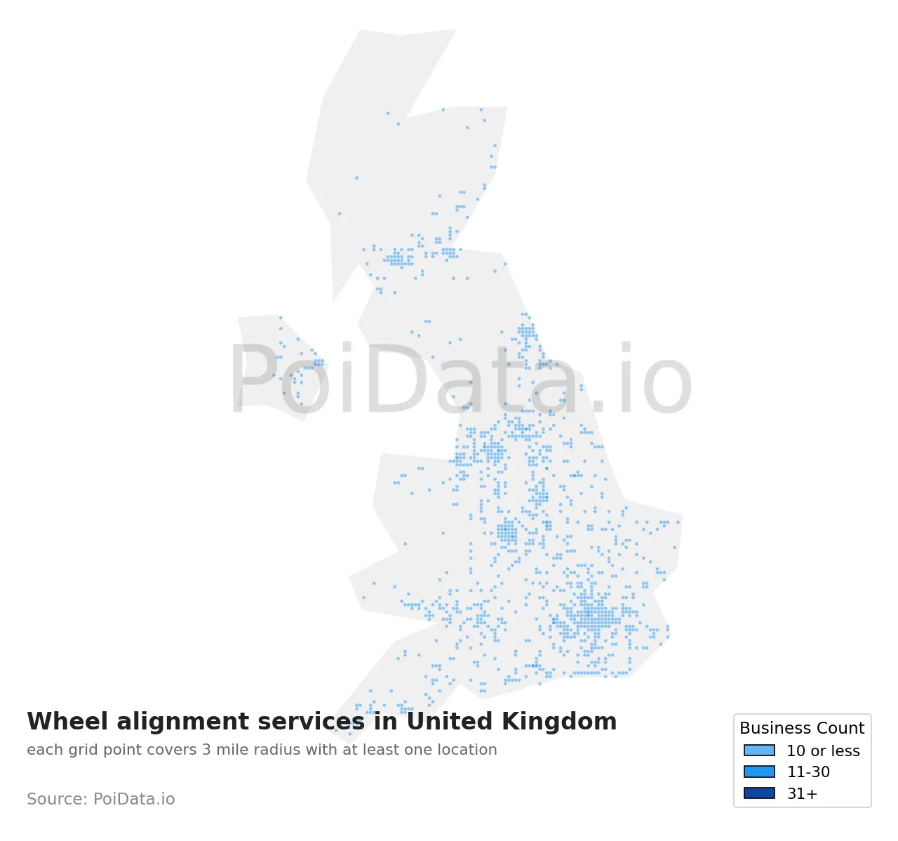 Wheel alignment service density map for United Kingdom