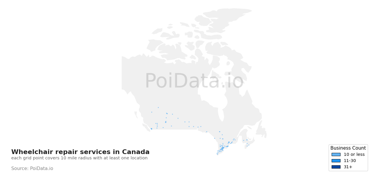 Wheelchair repair service density map for Canada