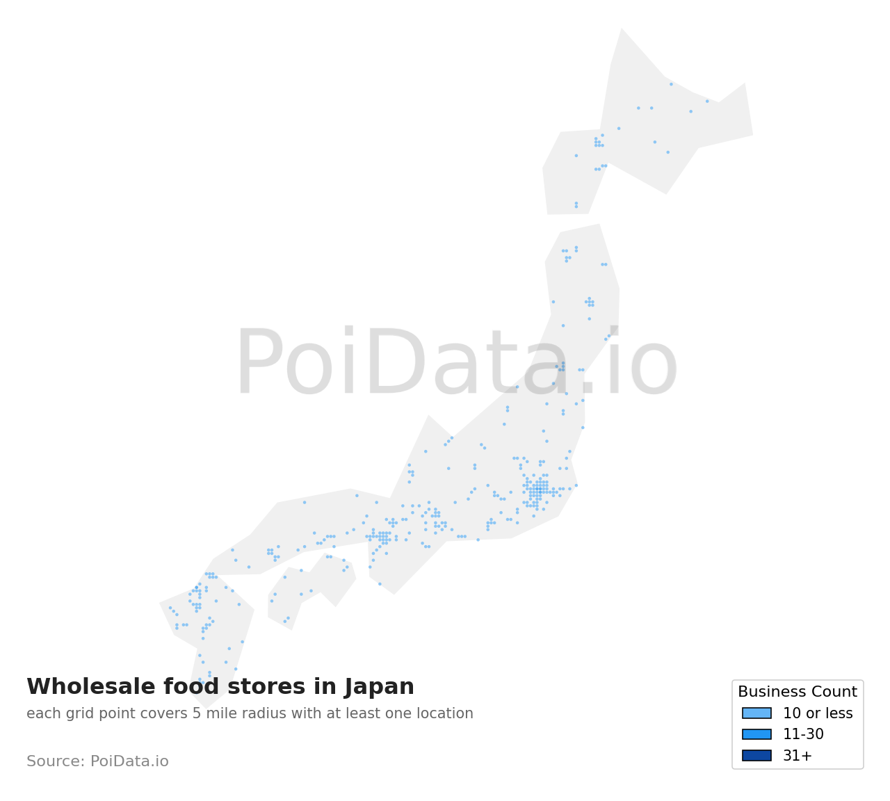 Wholesale food store density map for Japan