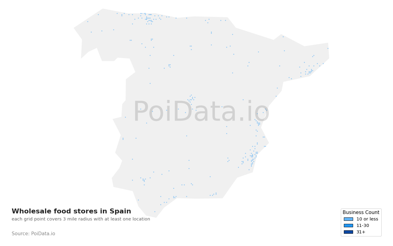 Wholesale food store density map for Spain