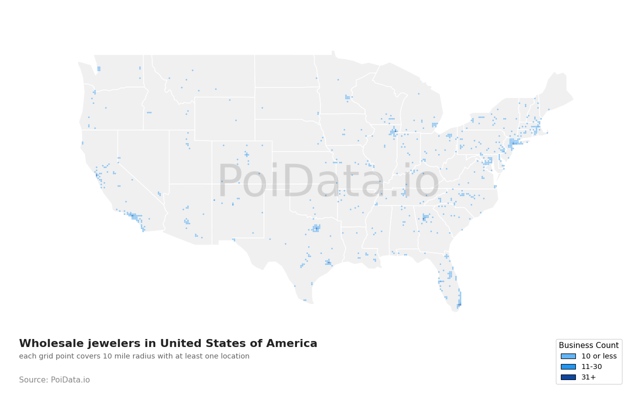 Wholesale jeweler density map for United States