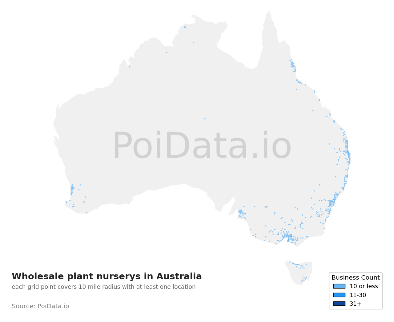 Wholesale plant nursery density map for Australia