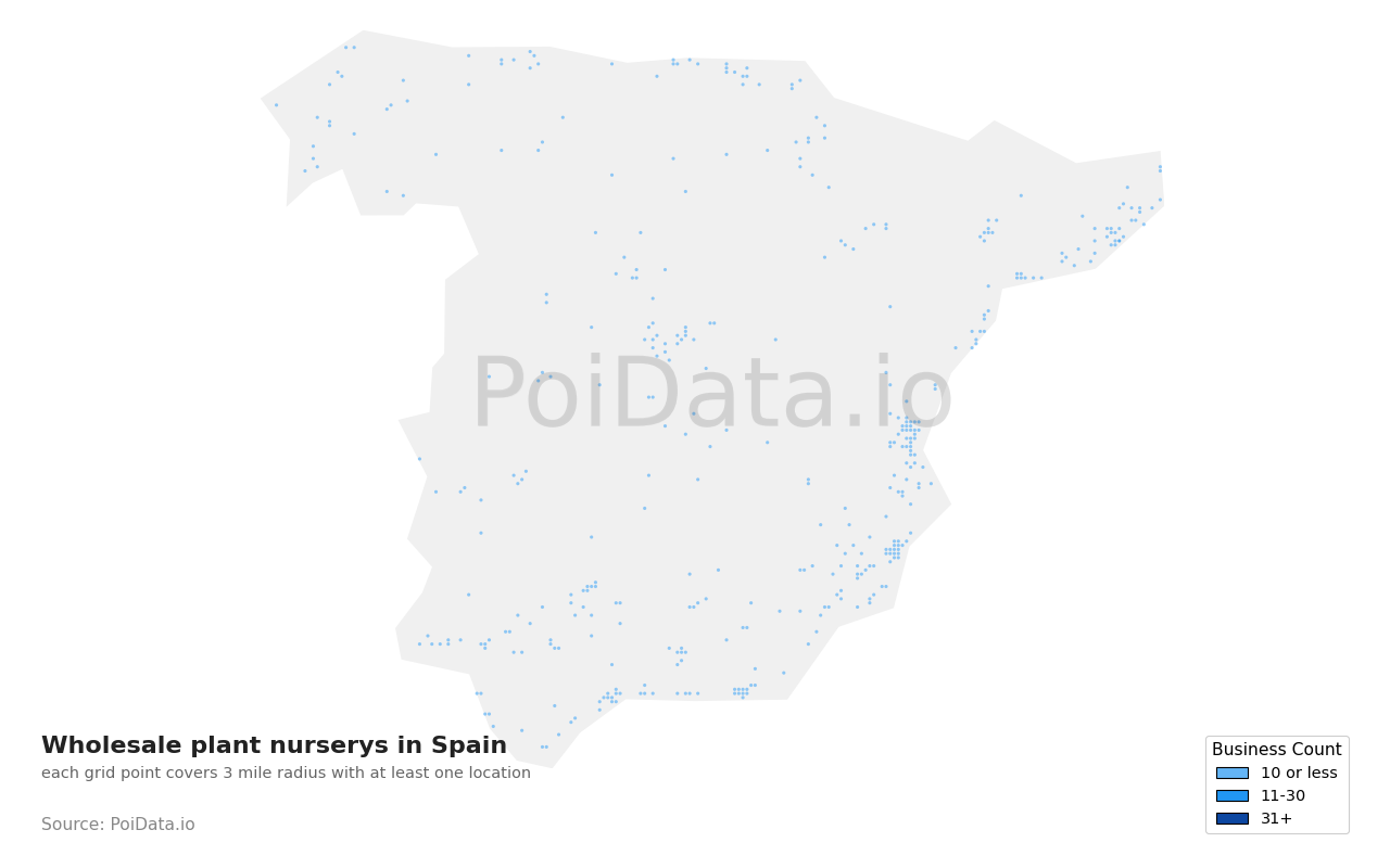 Wholesale plant nursery density map for Spain