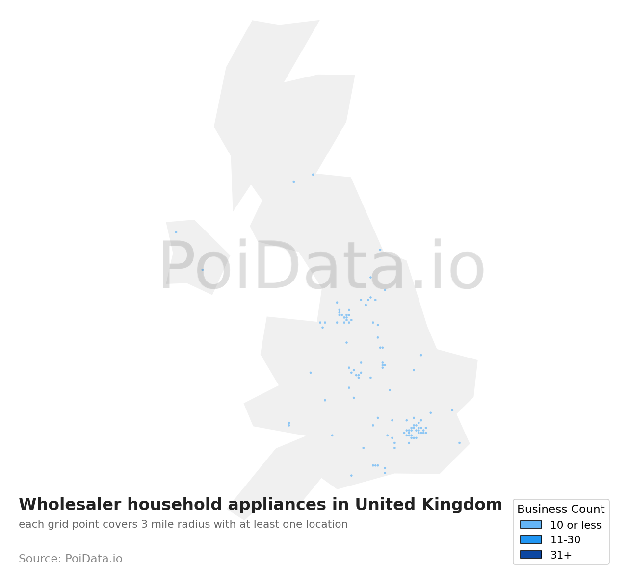 Wholesaler household appliances density map for United Kingdom