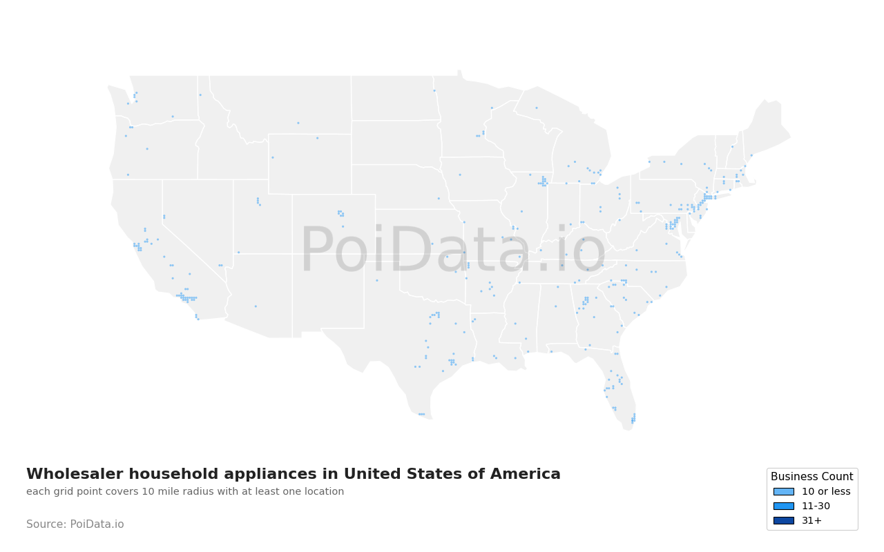 Wholesaler household appliances density map for Maryland, United States