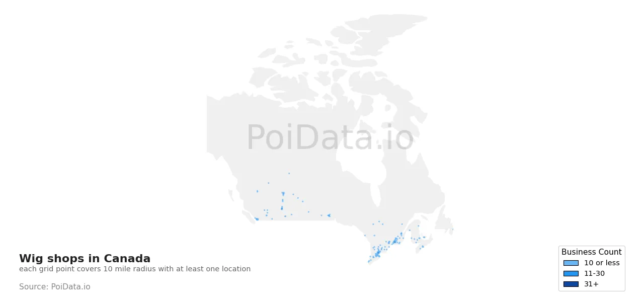 Wig shop density map for Canada