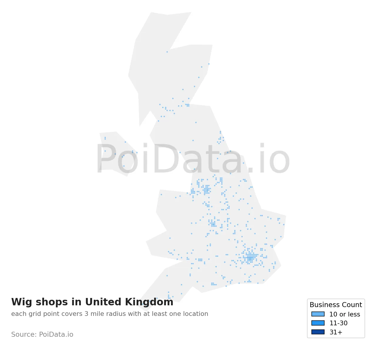 Wig shop density map for United Kingdom