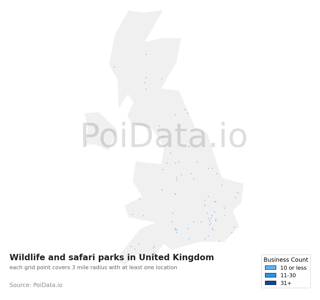 Wildlife and safari park density map for United Kingdom