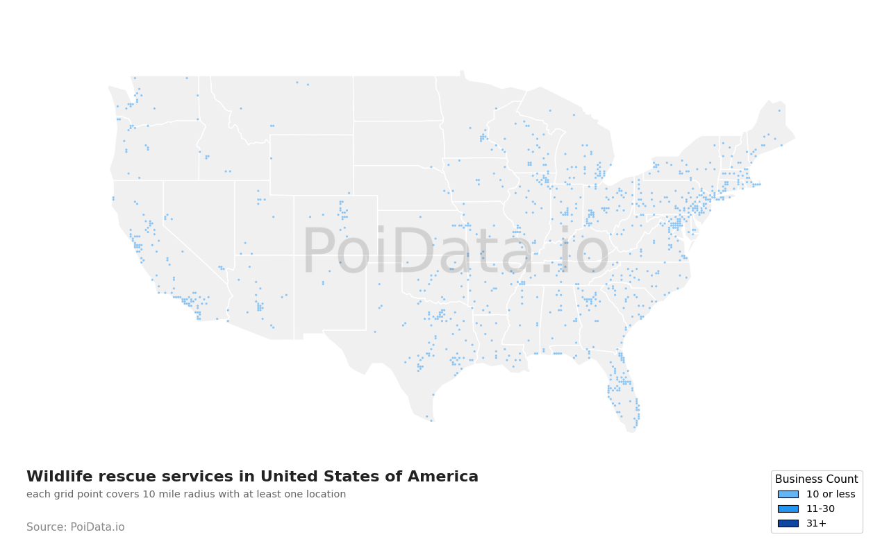 Wildlife rescue service density map for Pennsylvania, United States