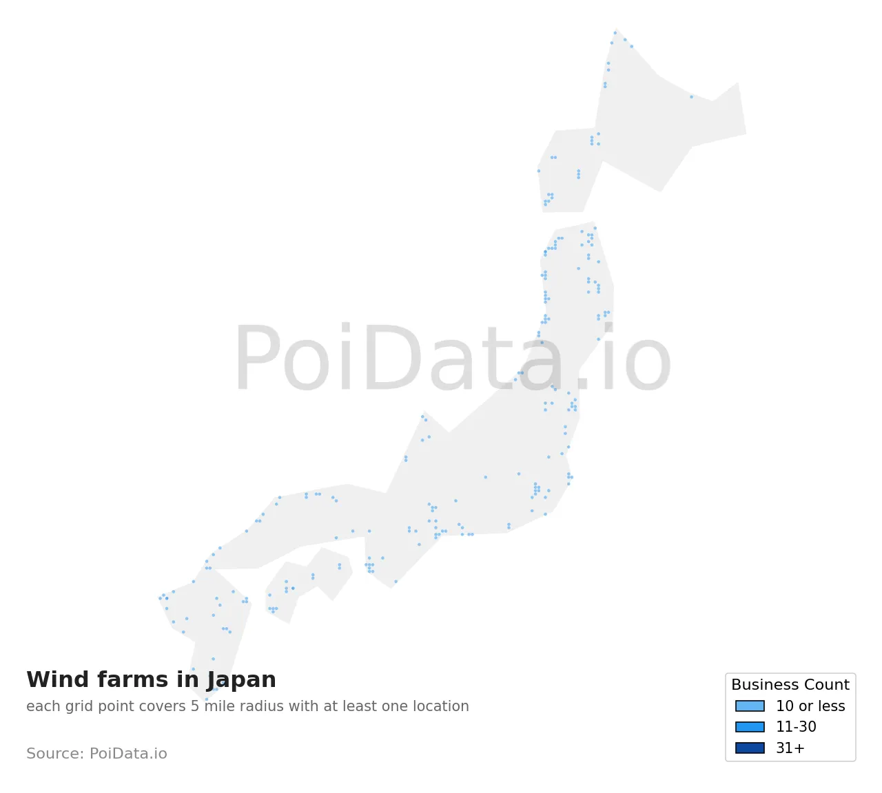 Wind farm density map for Japan