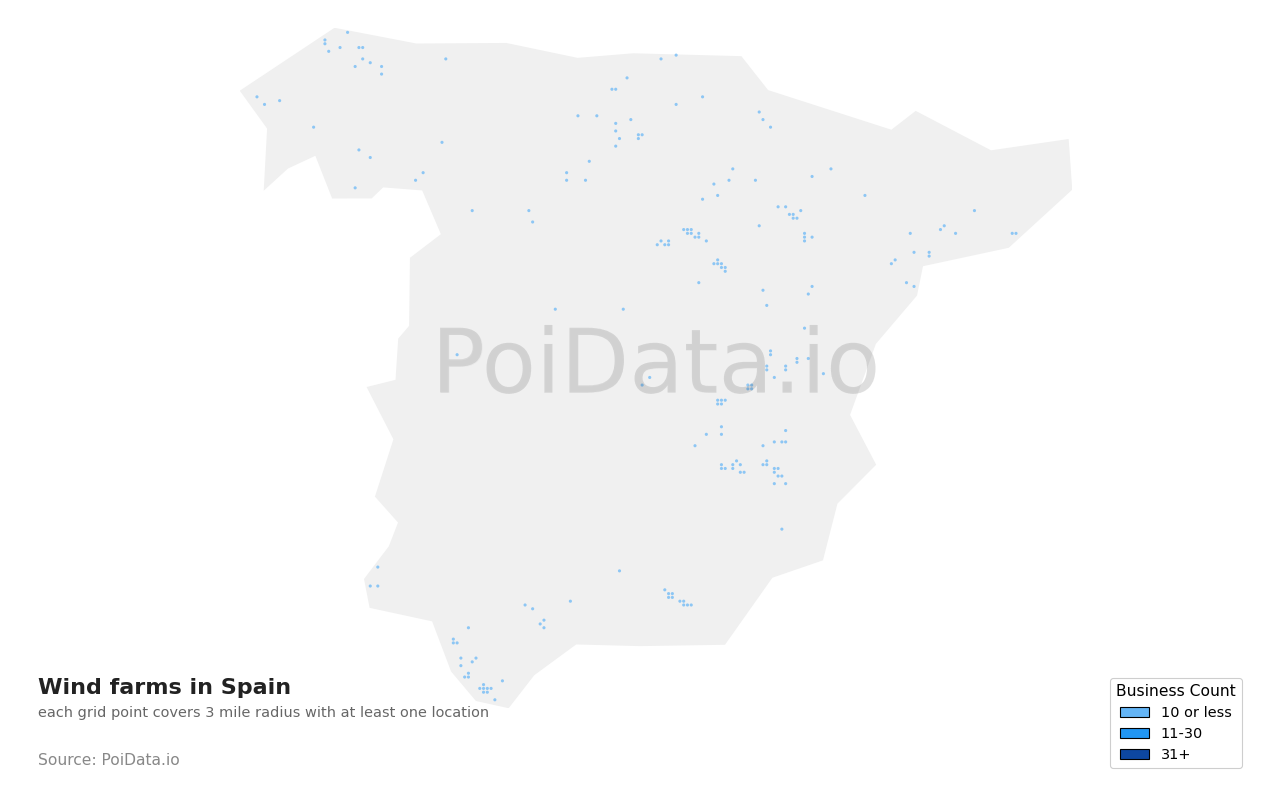 Wind farm density map for Spain