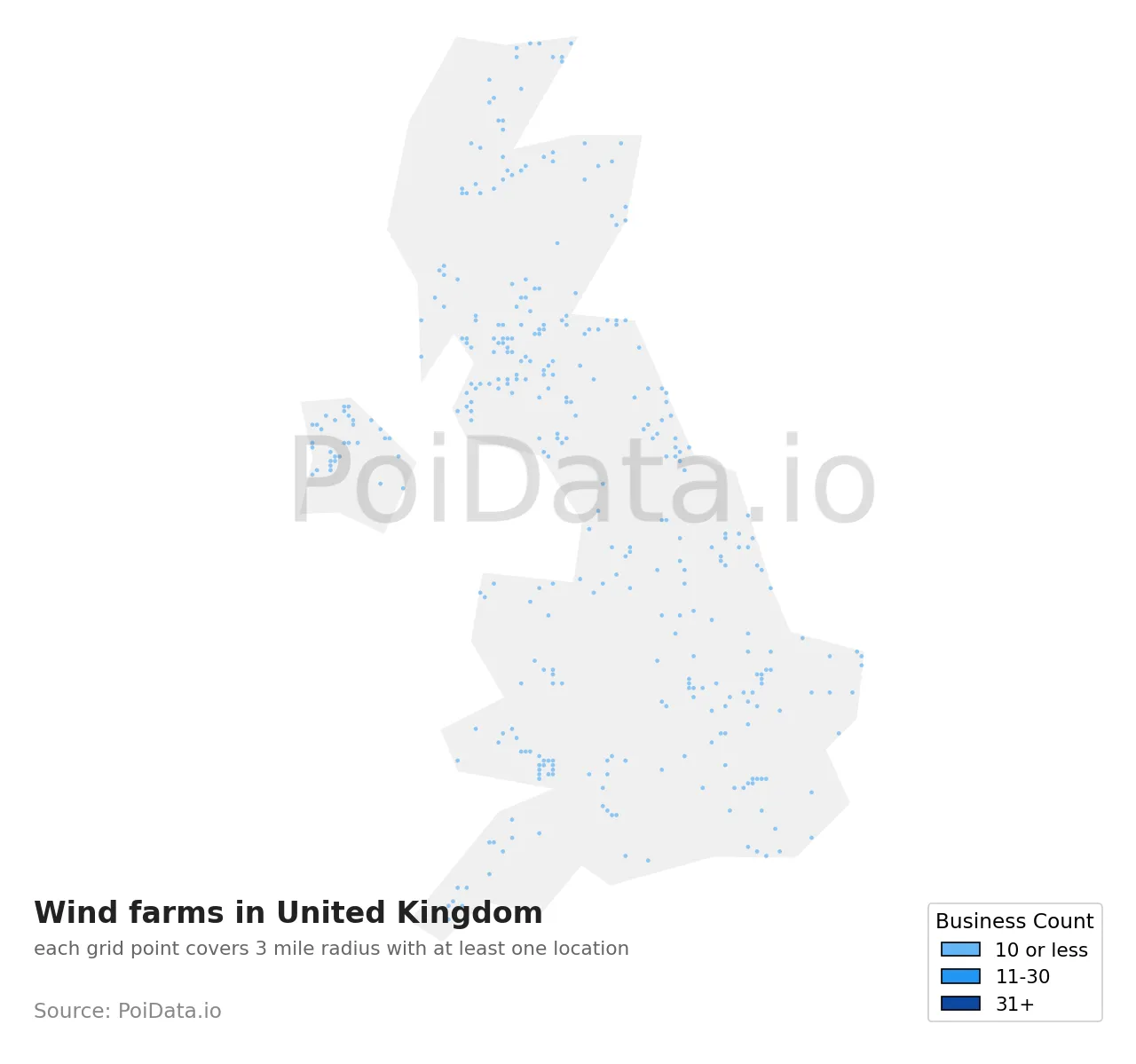 Wind farm density map for United Kingdom