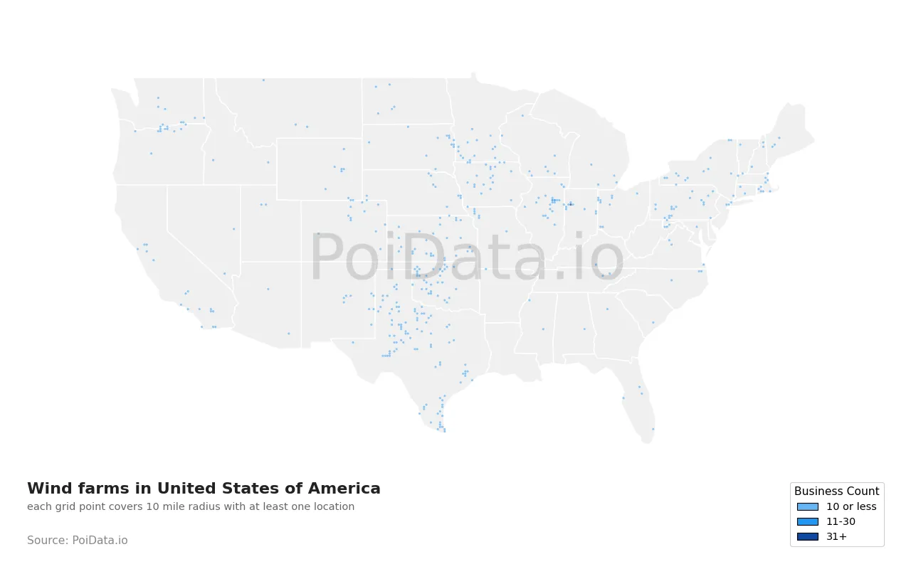 Wind farm density map for United States