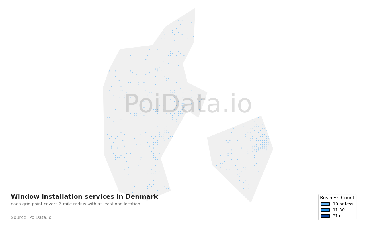Window installation service density map for Denmark