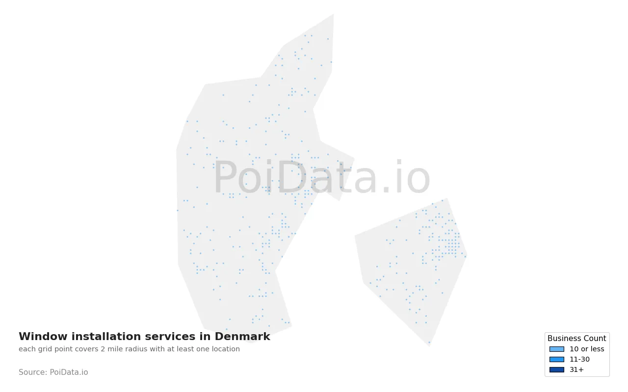 Window installation service density map for Denmark