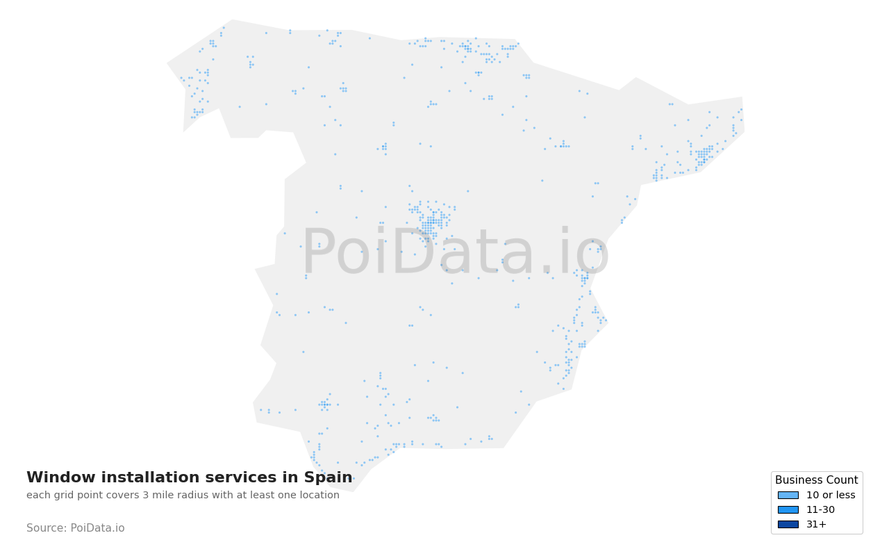 Window installation service density map for Spain