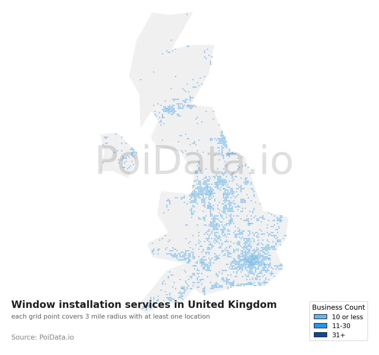 Window installation service density map for United Kingdom