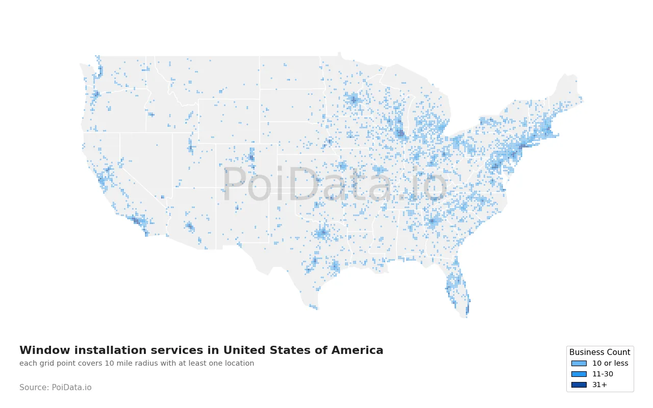 Window installation service density map for United States