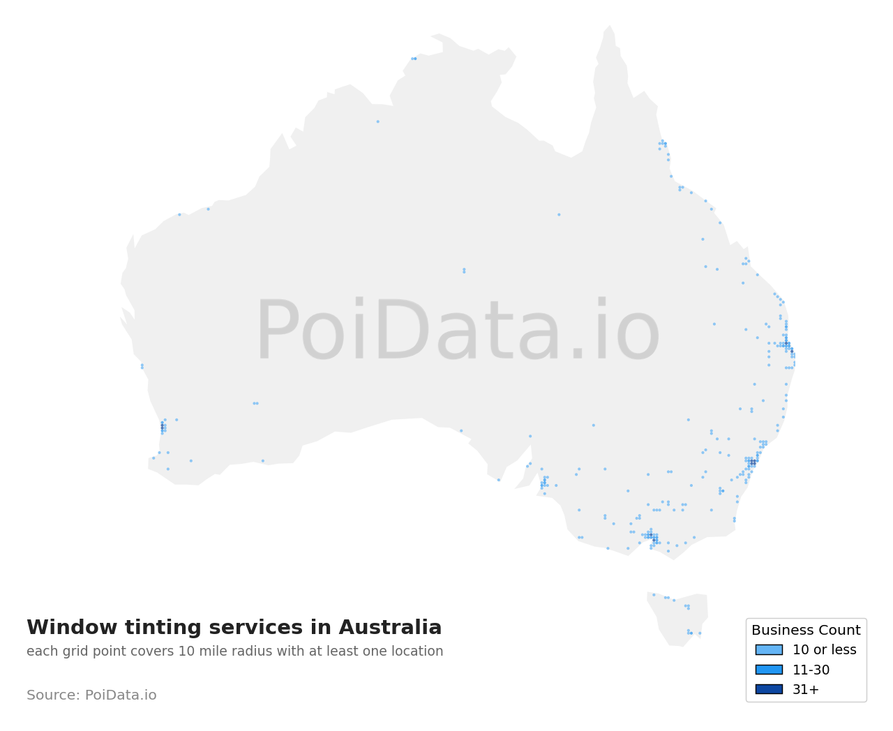 Window tinting service density map for Australia