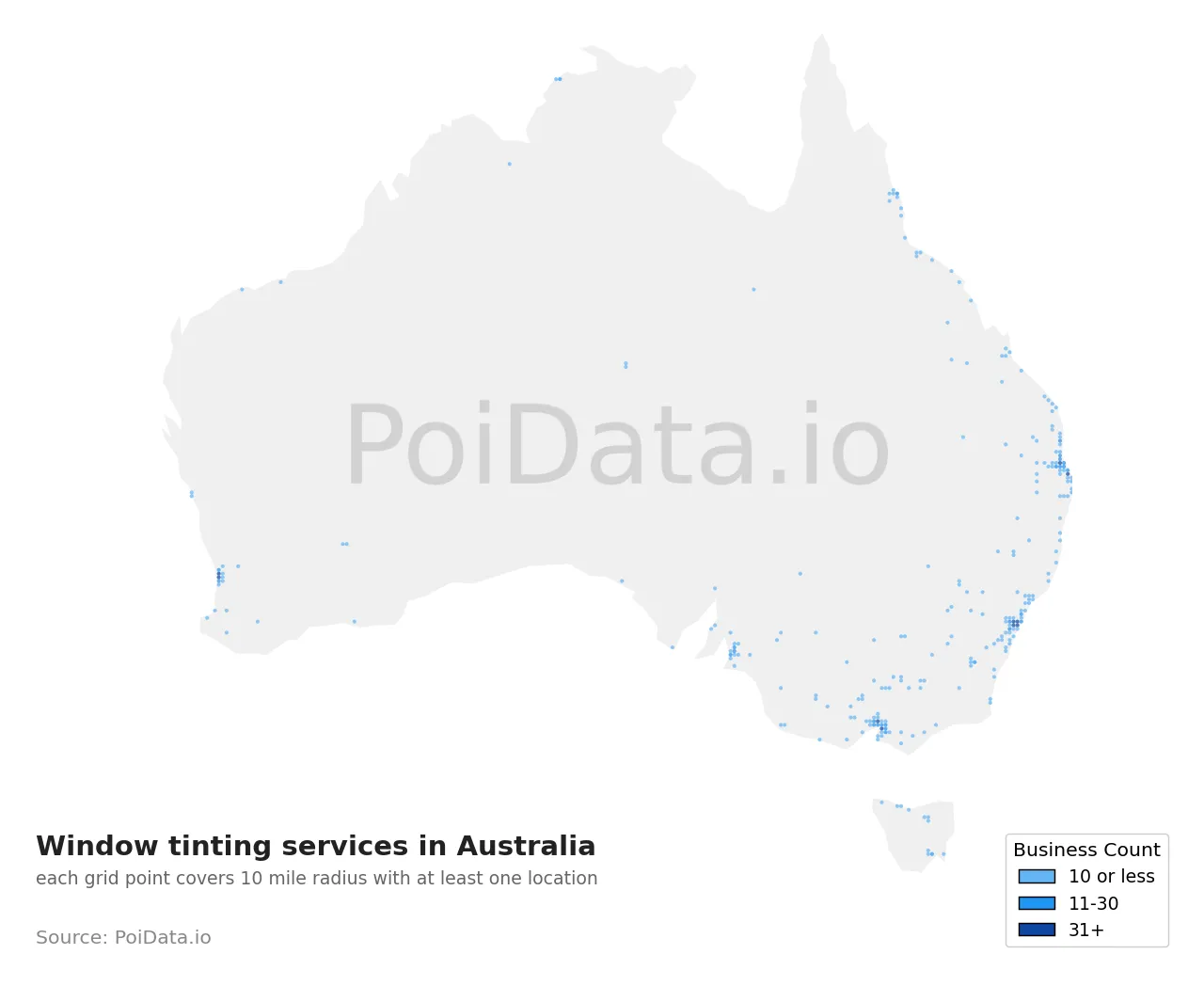 Window tinting service density map for Australia