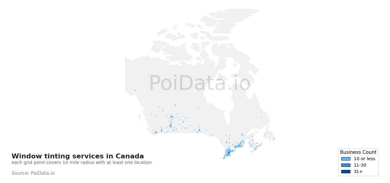 Window tinting service density map for Canada
