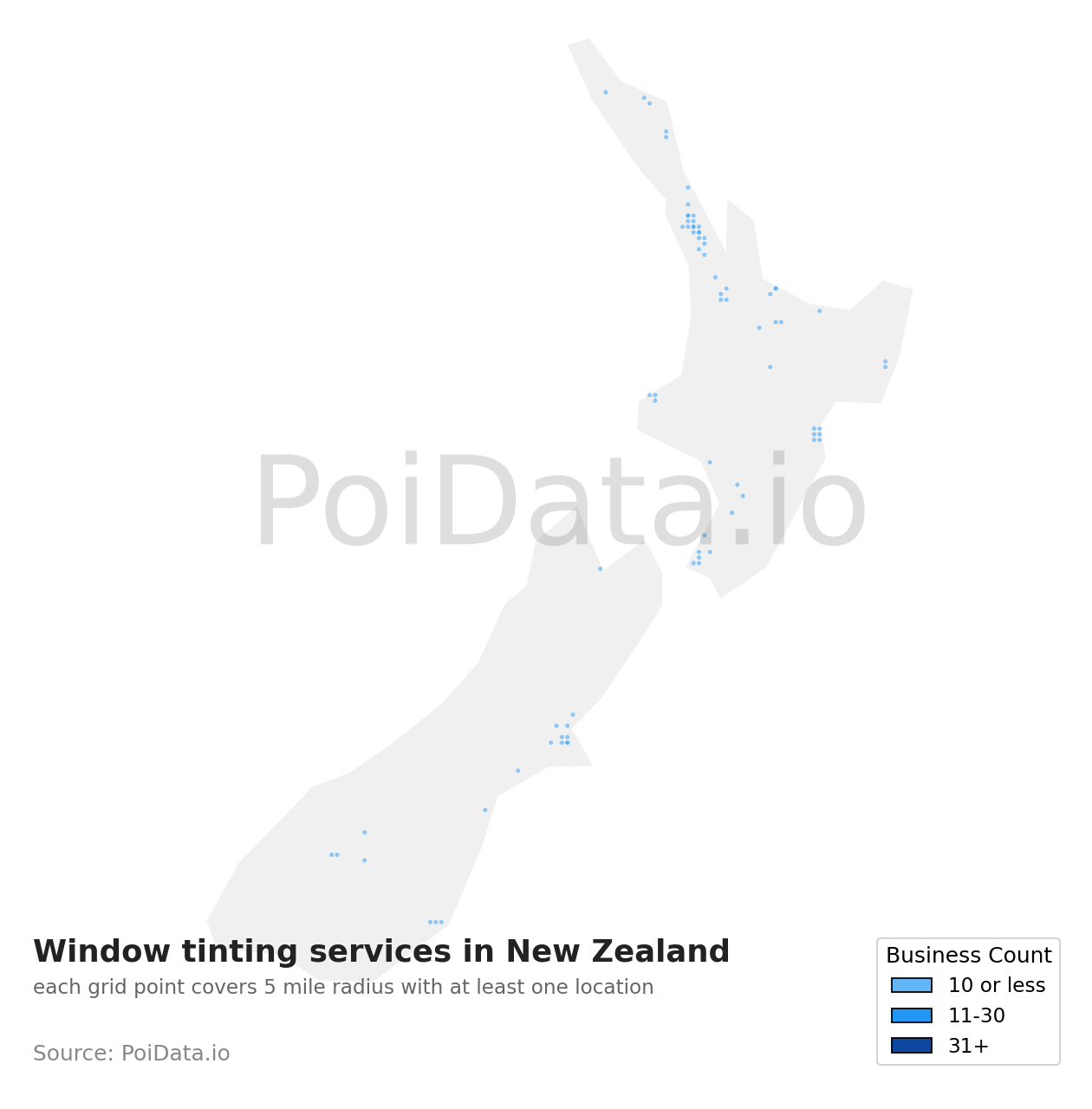 Window tinting service density map for New Zealand