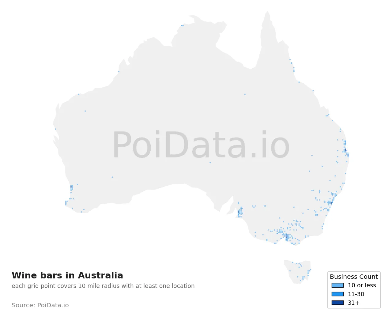Wine bar density map for Australia