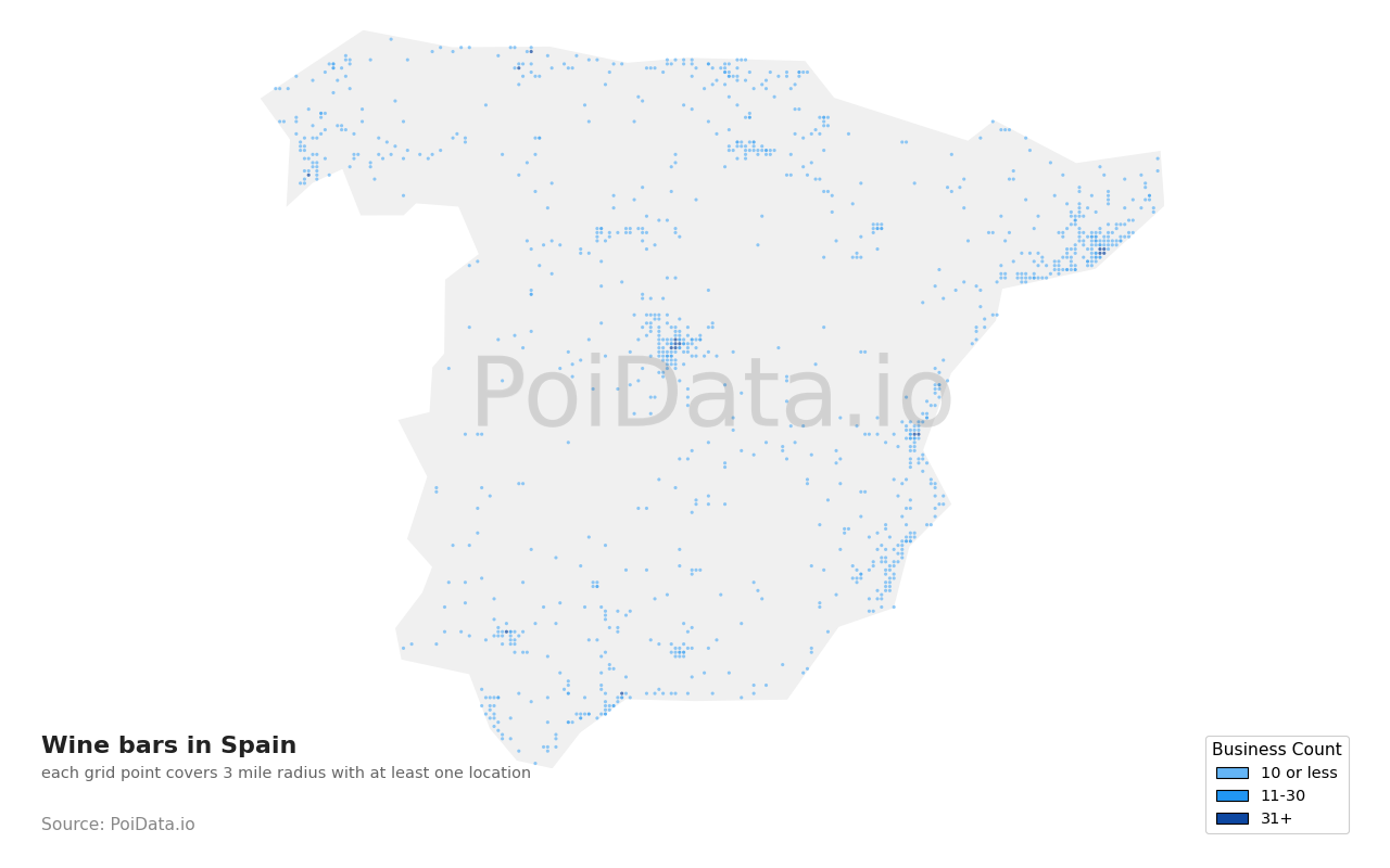 Wine bar density map for Spain