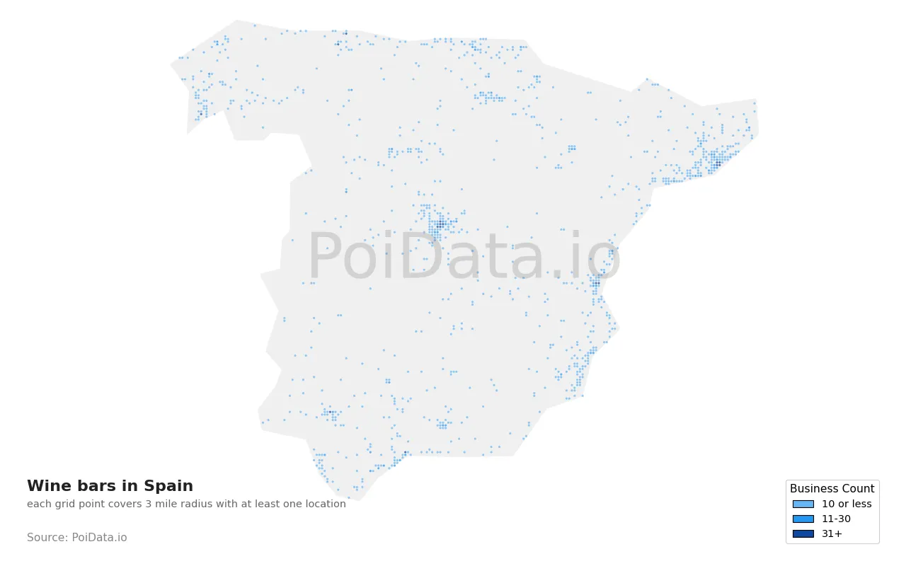 Wine bar density map for Spain