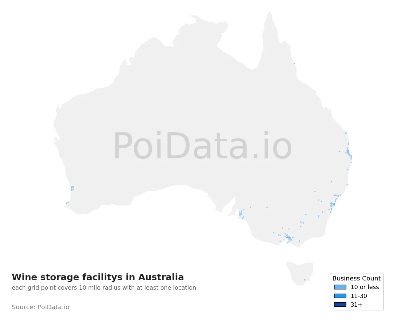 Wine storage facility density map for Australia