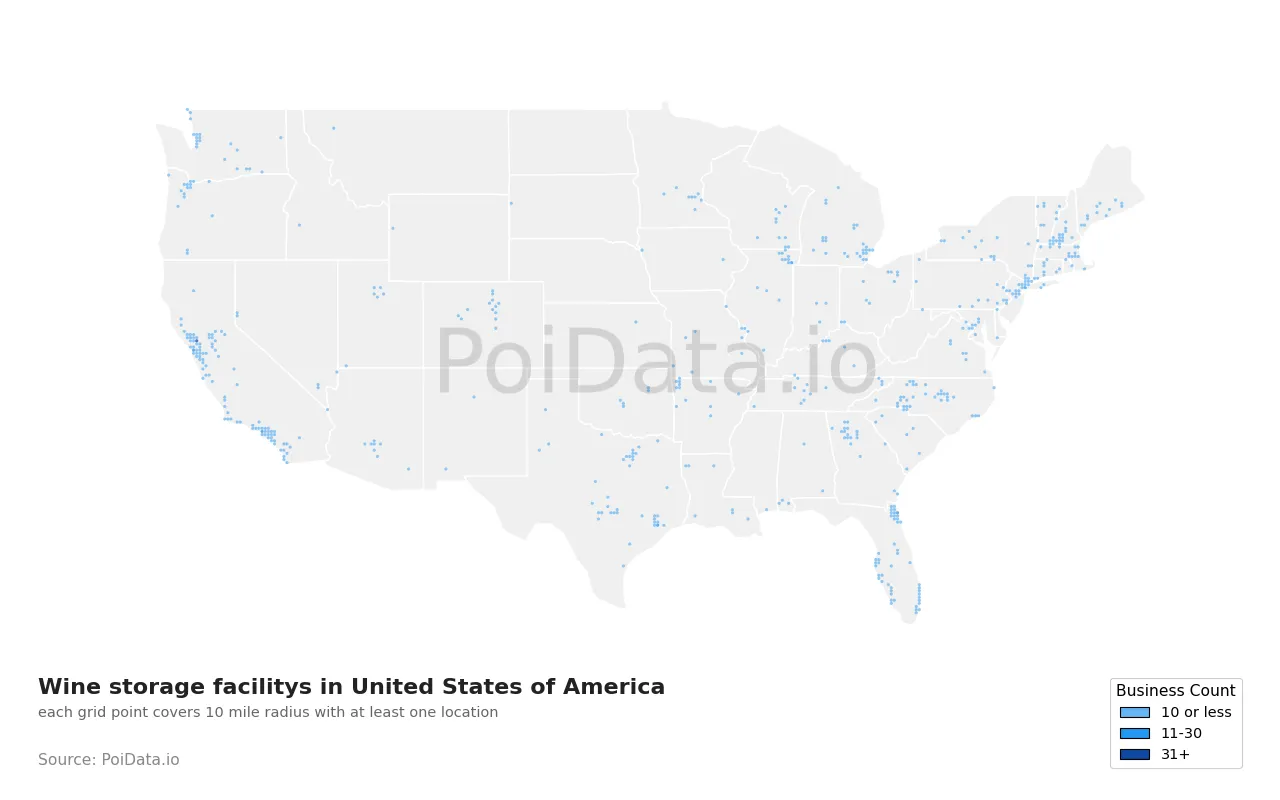 Wine storage facility density map for United States