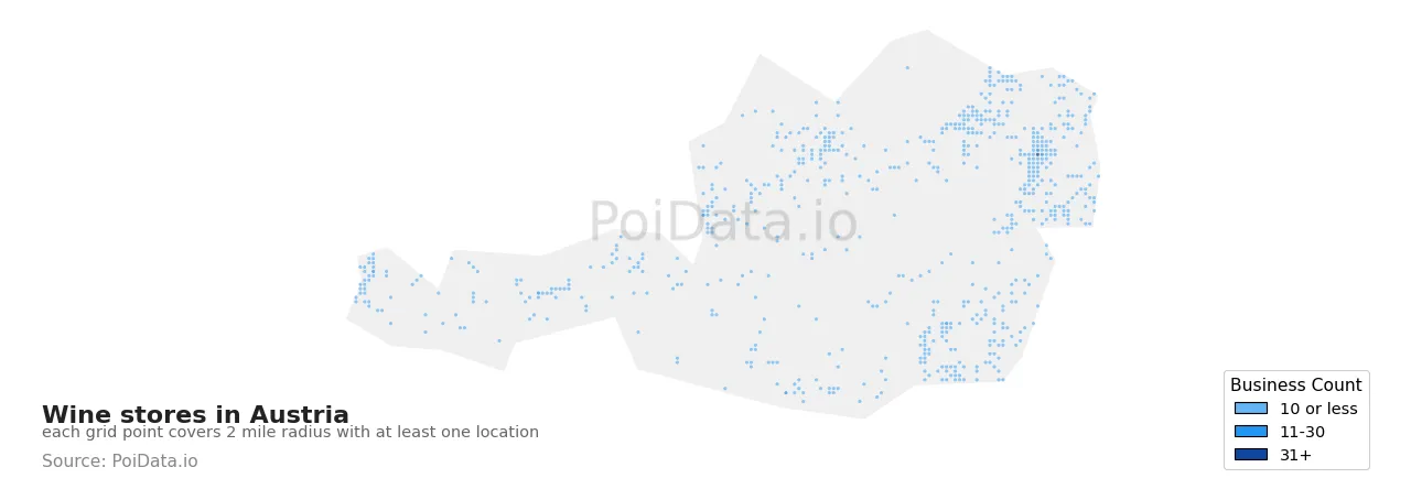 Wine store density map for Austria