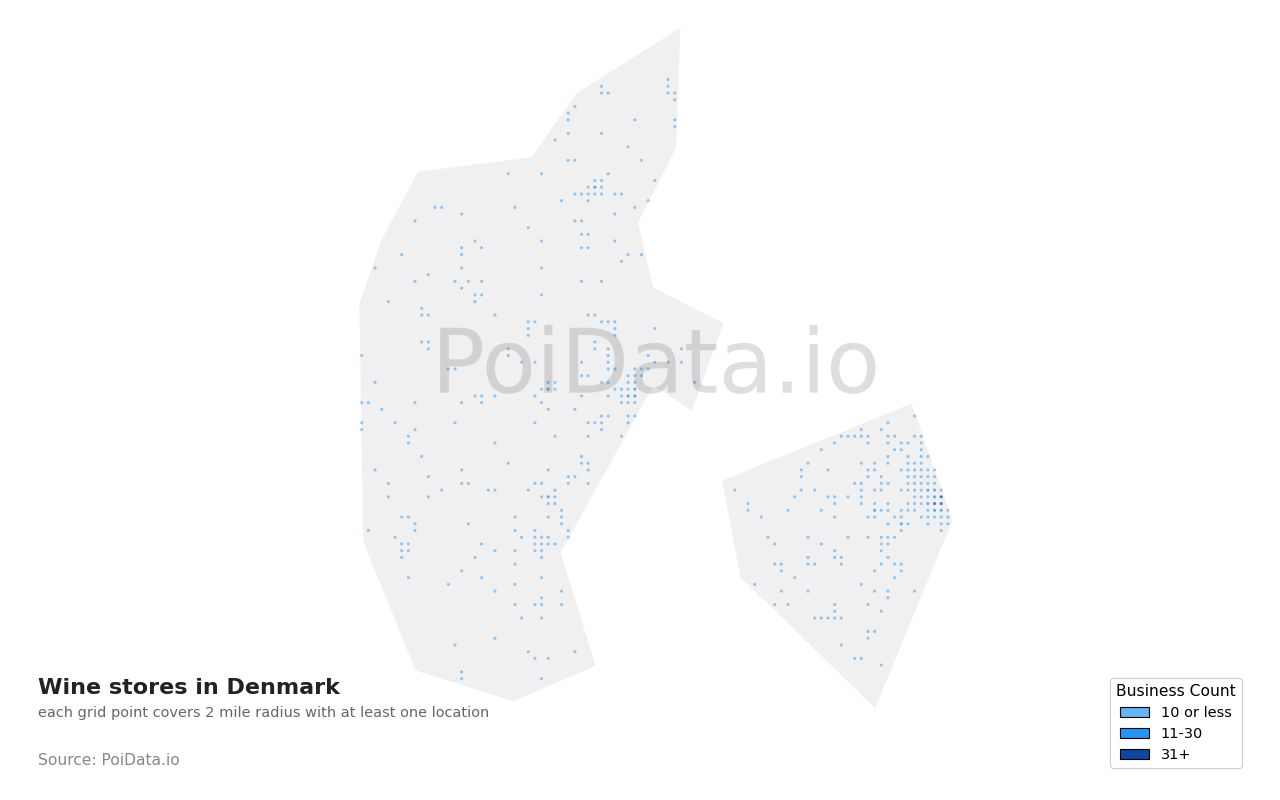 Wine store density map for Denmark
