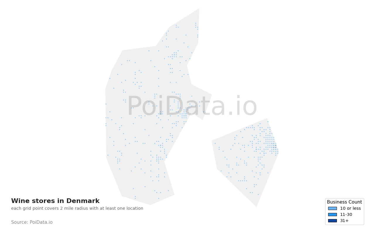 Wine store density map for Denmark