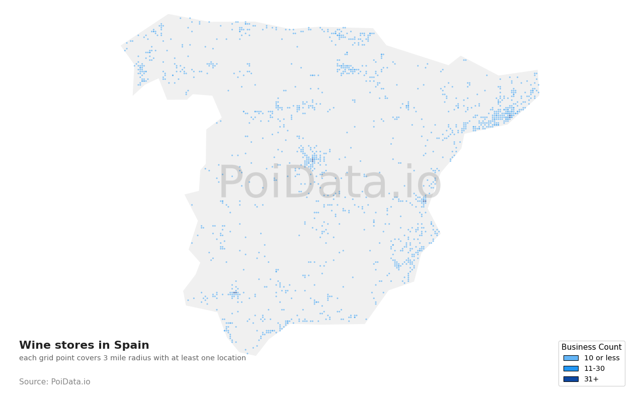 Wine store density map for Spain