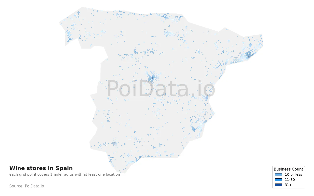Wine store density map for Spain